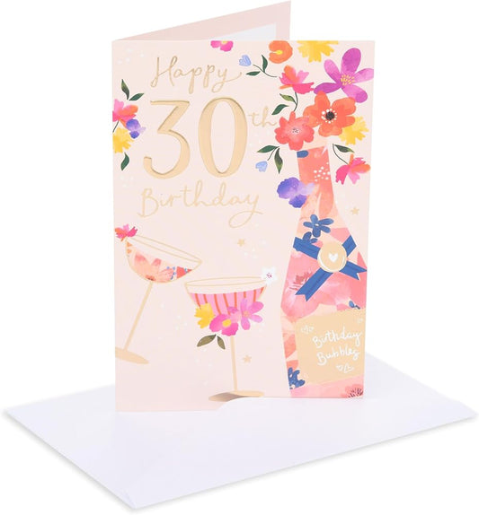 Floral Champagne Design 30th Birthday Card