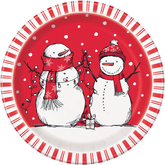 Pack of 8 Red Stripes Snowman Round 9" Dinner Plates