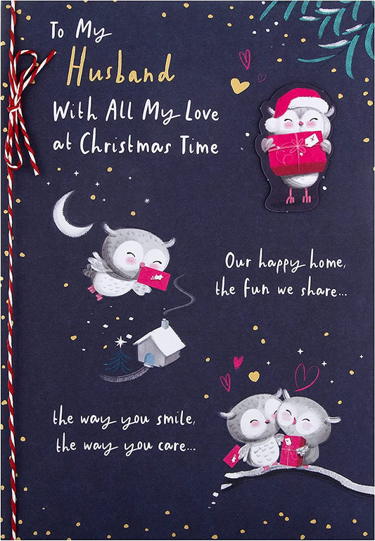 Cute Illustrated Owls Design Husband Christmas Card