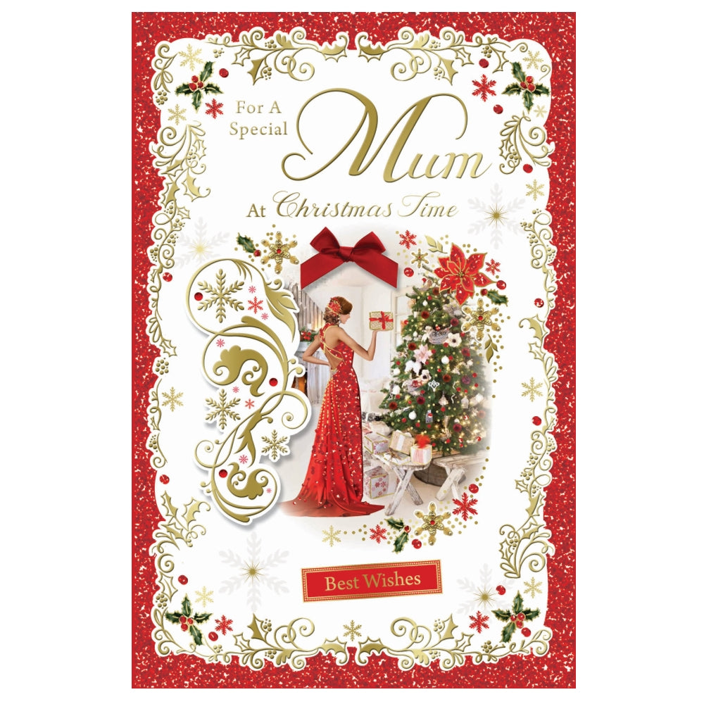 Christmas Wishes To Mum Elegant Red Dress & Festive Decor Card