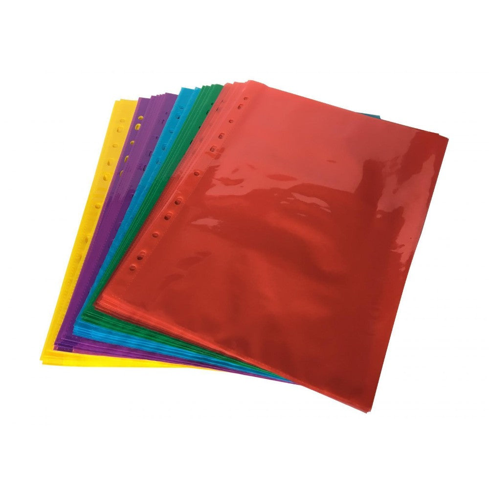 Pack of 50 A4 Assorted Colour Punched Pockets by Janrax