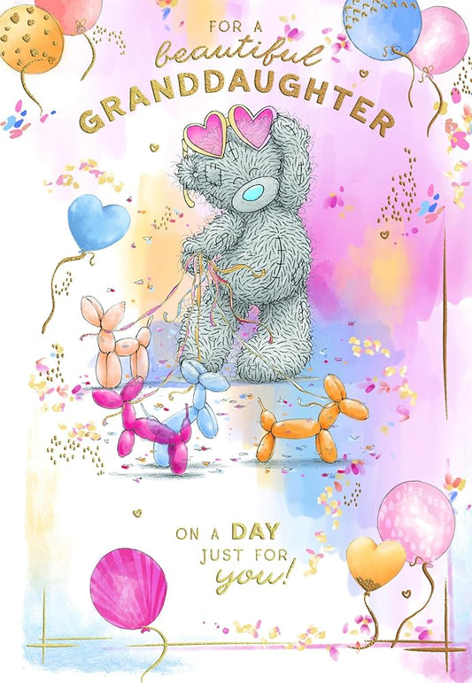 Bear And Dog Balloons Beautiful Granddaughter Birthday Card
