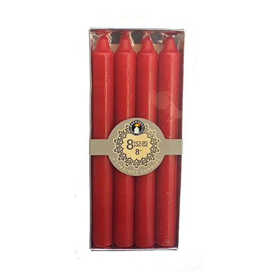 Pack of 12 8'' Straight Red Candles - 8 Hours Burn Time