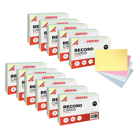 Pack of 1200 Assorted Colour Ruled 6x4" Record Cards – Lined Study Index Cards for Notes, Revision
