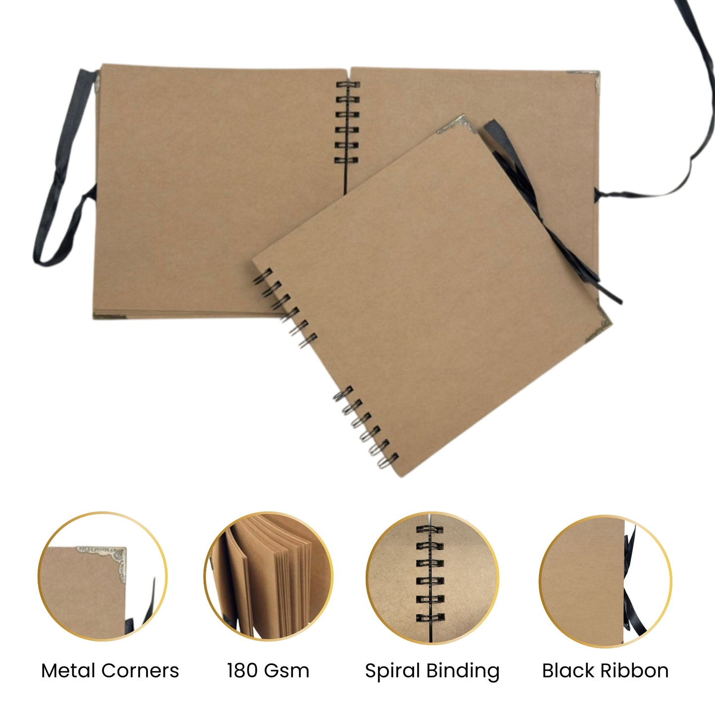 Pack of 12 Spiral Bound 180gsm Kraft Scrapbooks with Ribbon Closure and Metal Corners - 30 Sheets 20x20cm