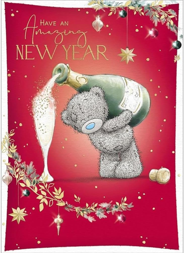 Bear Pouring Bubbles From Big Bottle Happy New Year Card