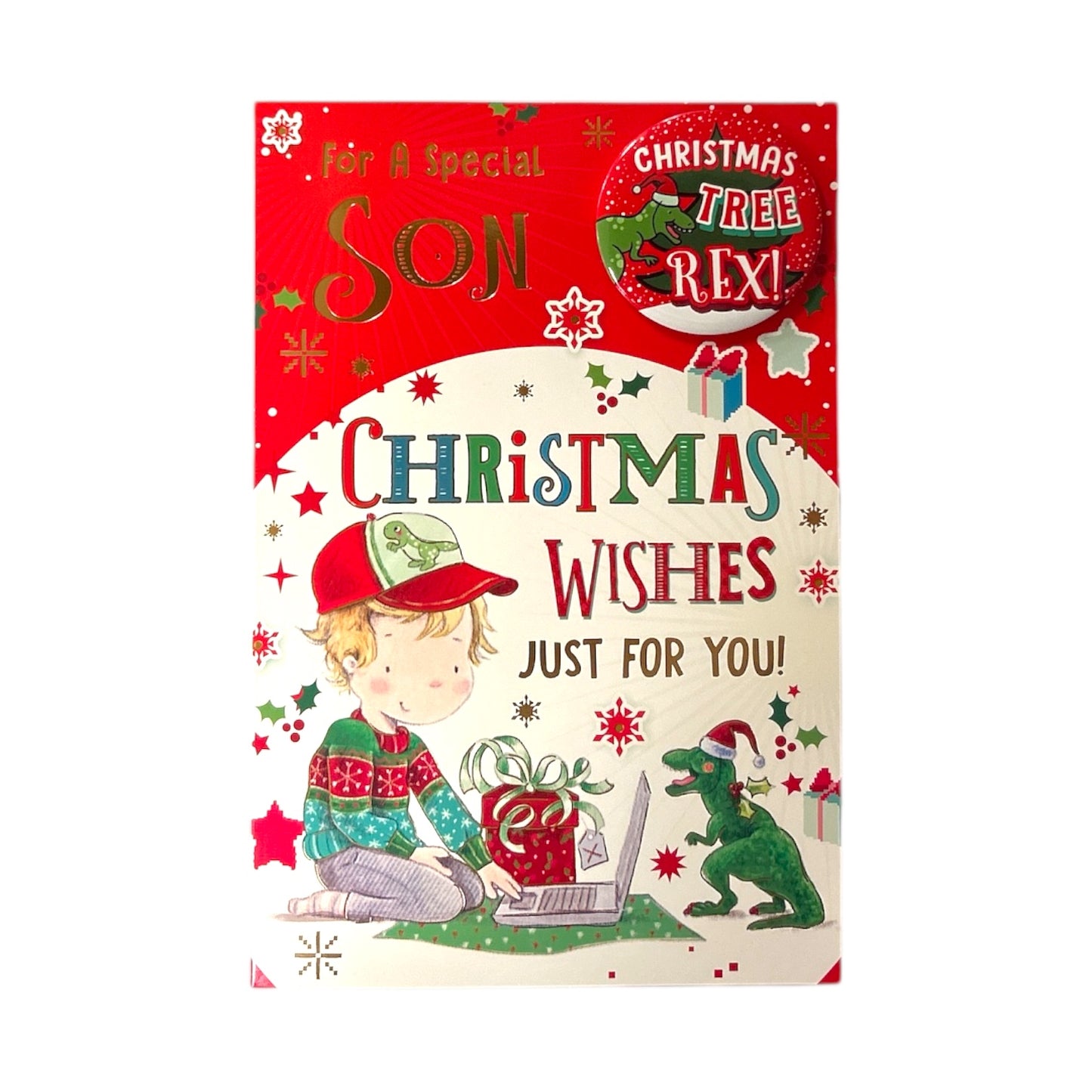 Special Son Christmas Tree Rex Dinosaur Design Christmas Card with Badge