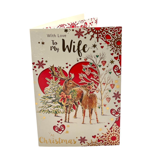 With Love to My Wife Lovely Reindeers Die Cut Heart Design Christmas Card