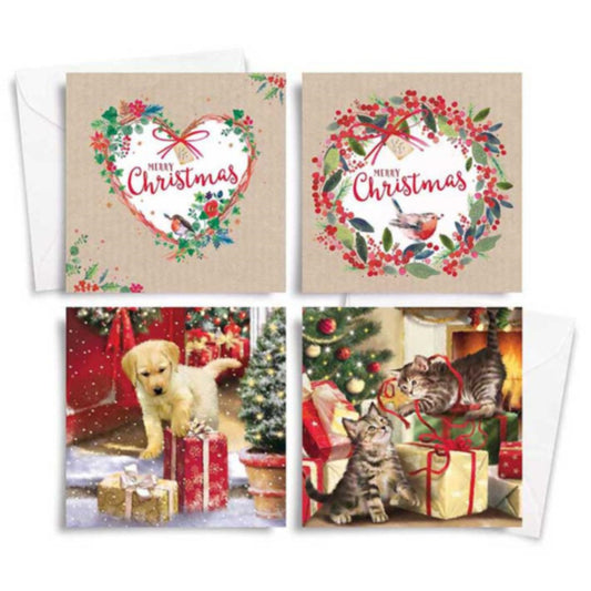 Pack of 10 Square Cat and Dog Traditional Christmas Cards