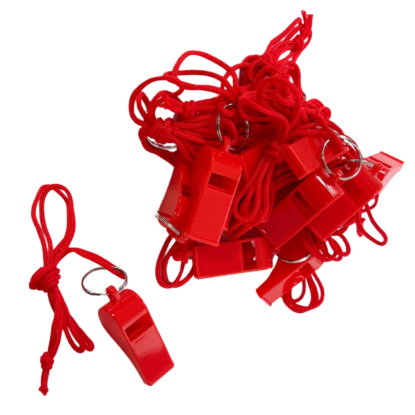 Pack of 100 Red Plastic Whistles with Lanyard Neck Cord