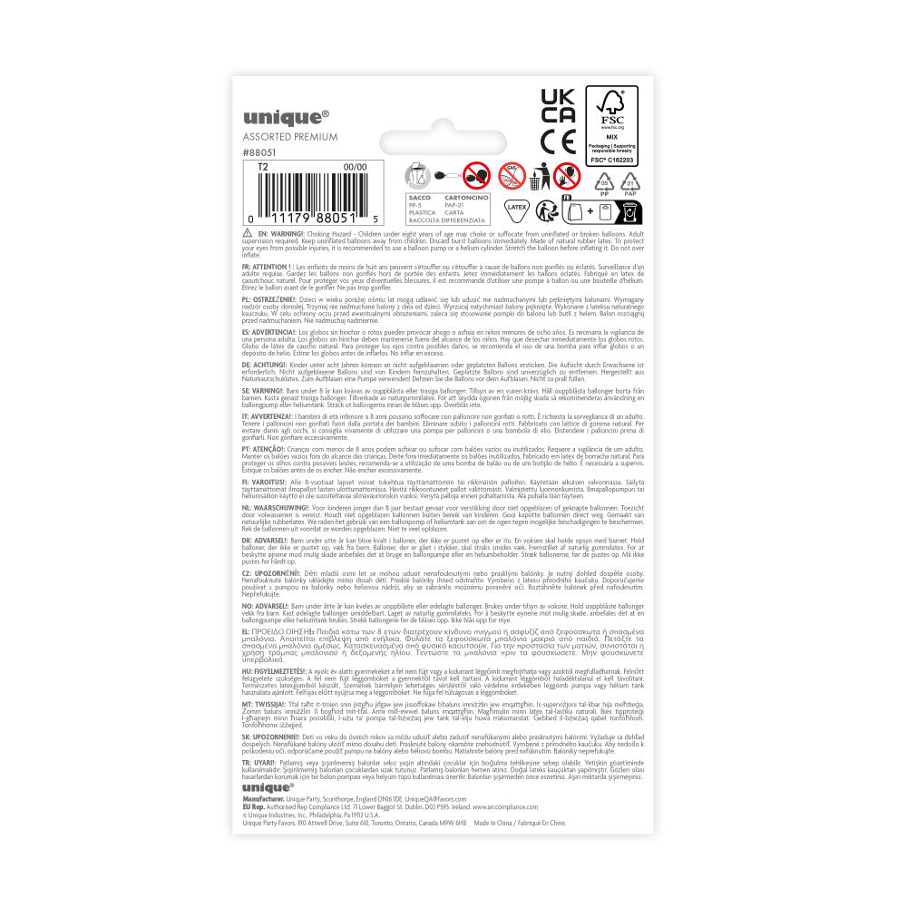 Pack of 10 Assorted Coloured 12" Premium Latex Balloons