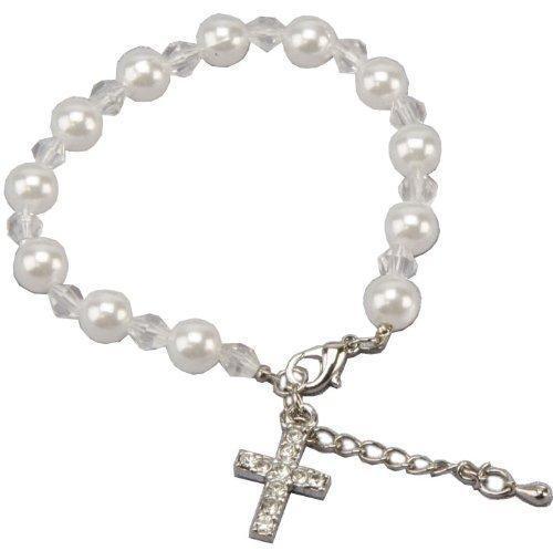 Child's Holy Communion White Pearly Bracelet with Cross Charm - CB554