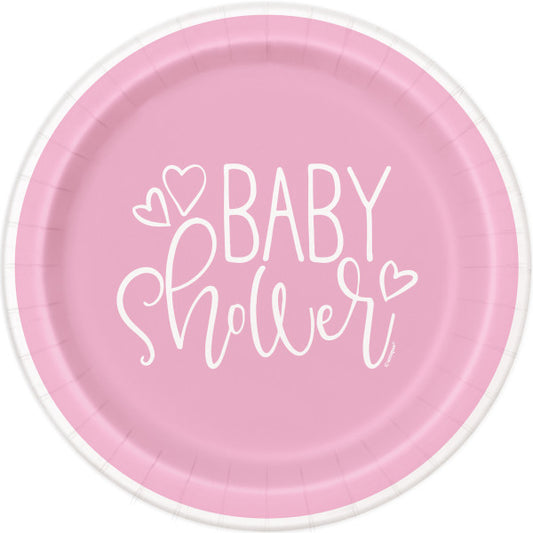 Pack of 8 Pink Hearts Baby Shower Round 7" Dessert Plates