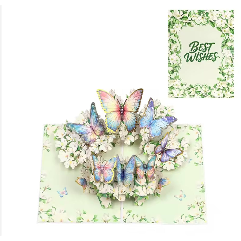Magnolia Flowers Flying & Butterflies Dancing Best Wishes 3D Pop Up Greeting Card