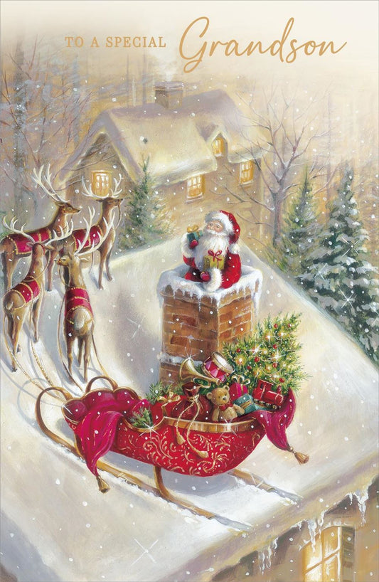 Traditional Design with Santa in Chimney with Sledge Grandson Christmas Card