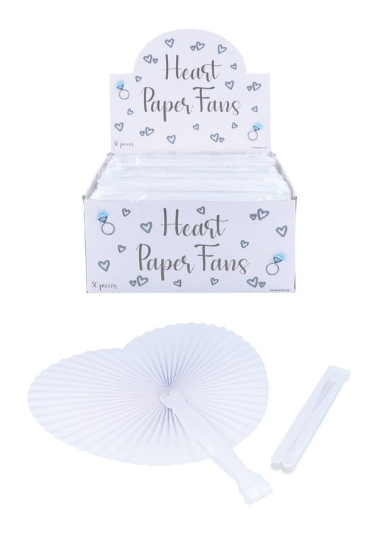 White Paper Heart Fan with White Plastic Handle(14.5cm)