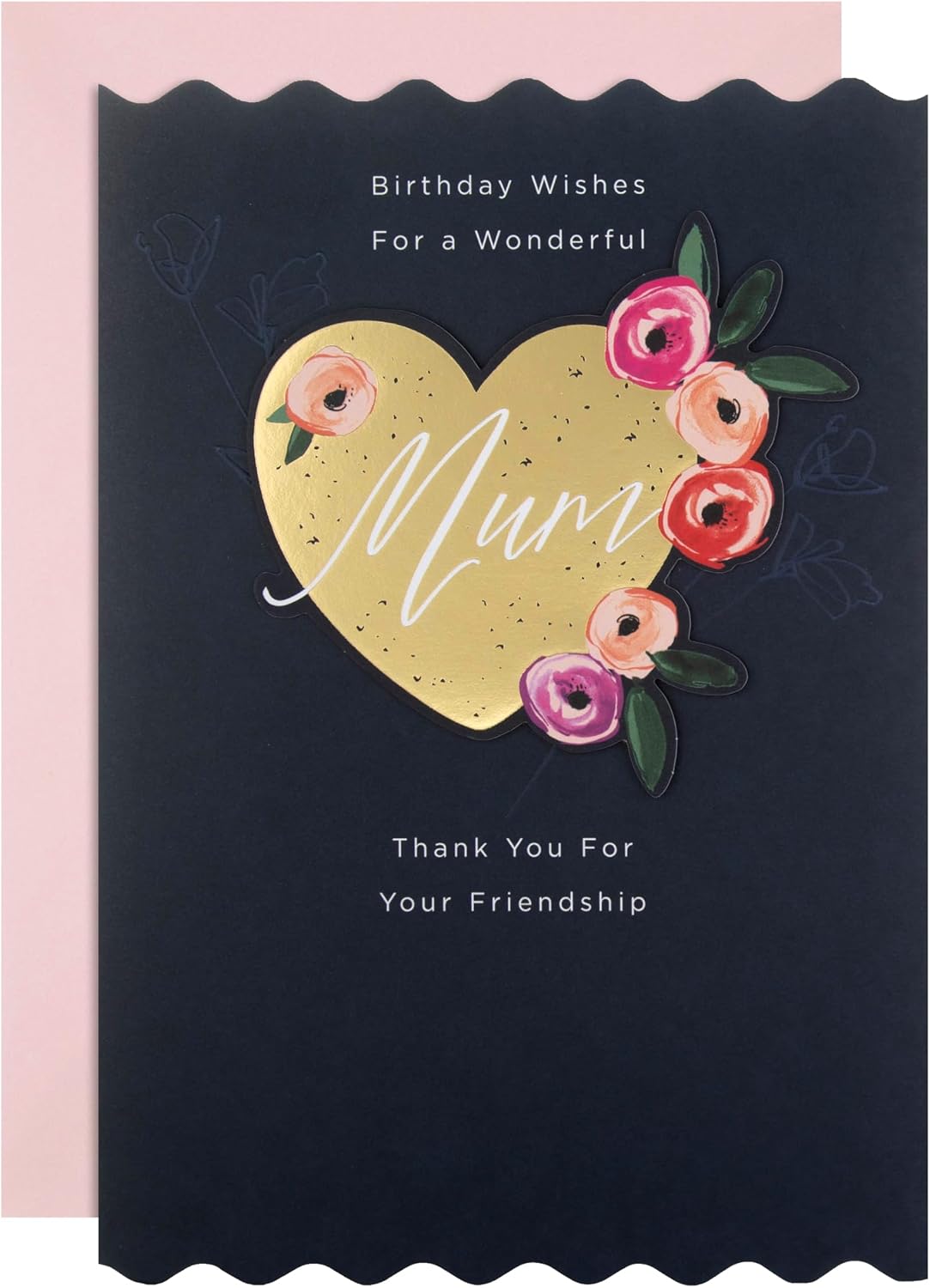 Gold Heart & Pink Flowers Design Mum Birthday Card
