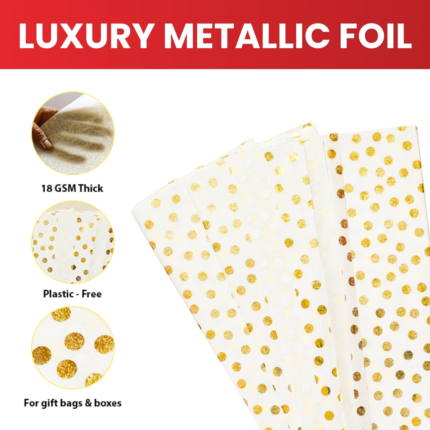 20 x Pack of 10 Polka Dots Luxury Gold Metallic Plastic-Free 18gsm Tissue Paper Sheets 50x70cm - Patterned Tissue Paper for Xmas, New Year, Party, Wedding, Birthday Packing Present Gift Box DIY Art Crafts