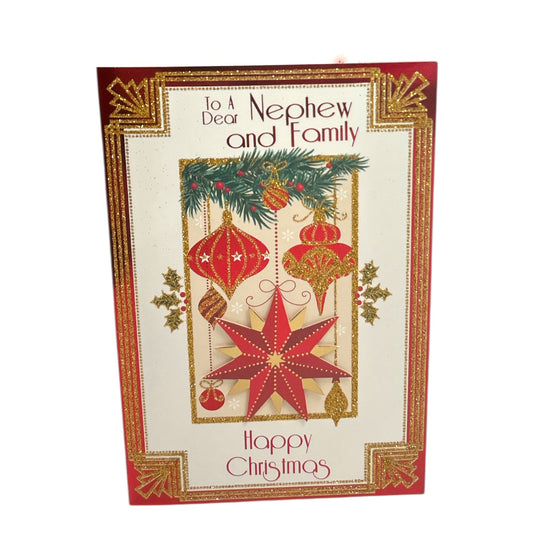 To a Dear Nephew and Family Red & Gold Star with Ornaments Christmas Card