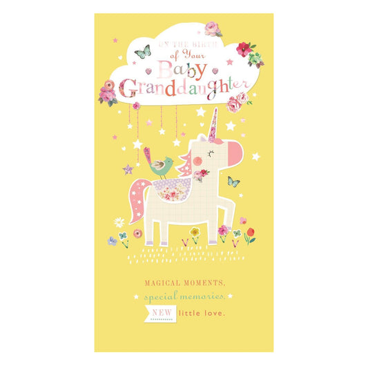 New Granddaughter Birth Congratulations Card Cute Unicorn Design with Pink Foil Details and Gem Attachments