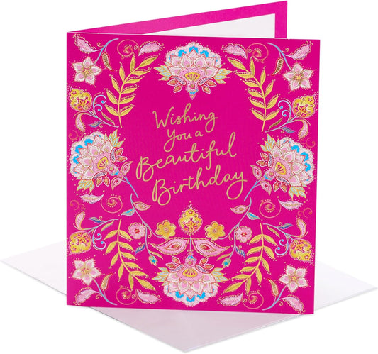 Bright Pink Floral Design Birthday Card For Her