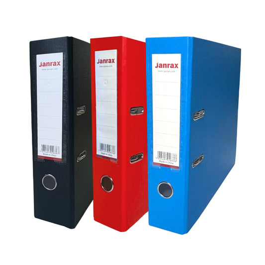 Janrax A4 Lever Arch File Paperbacked – 70mm Spine, 2 Ring Mechanism, Thumb Hole & Replaceable Spine Label – Black, Blue, Red