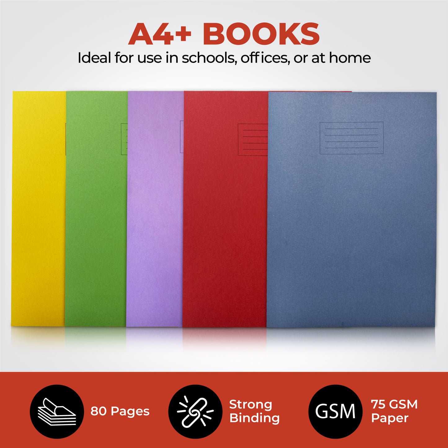 Pack of 50 Janrax A4+ Red 48 Page Feint Ruled and Margin Exercise Books WF Paper with 225gsm Manilla Cover 240x340mm Workbook