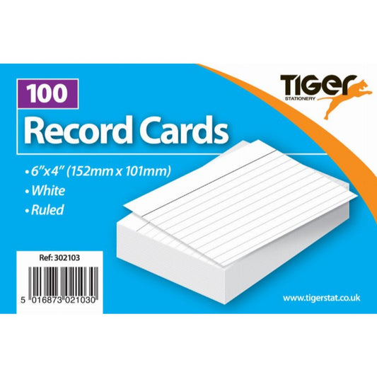 100 Sheets 6x4" White Record Cards Ruled 