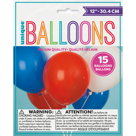 Pack of 15 Red, White & Blue Assorted 12" Latex Balloons