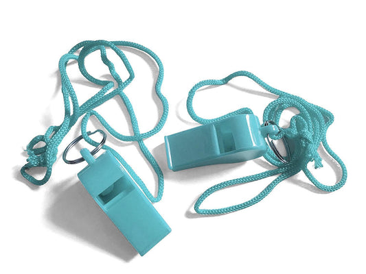 Bag of 100 Light Blue Plastic Whistles with Lanyard Neck Cord