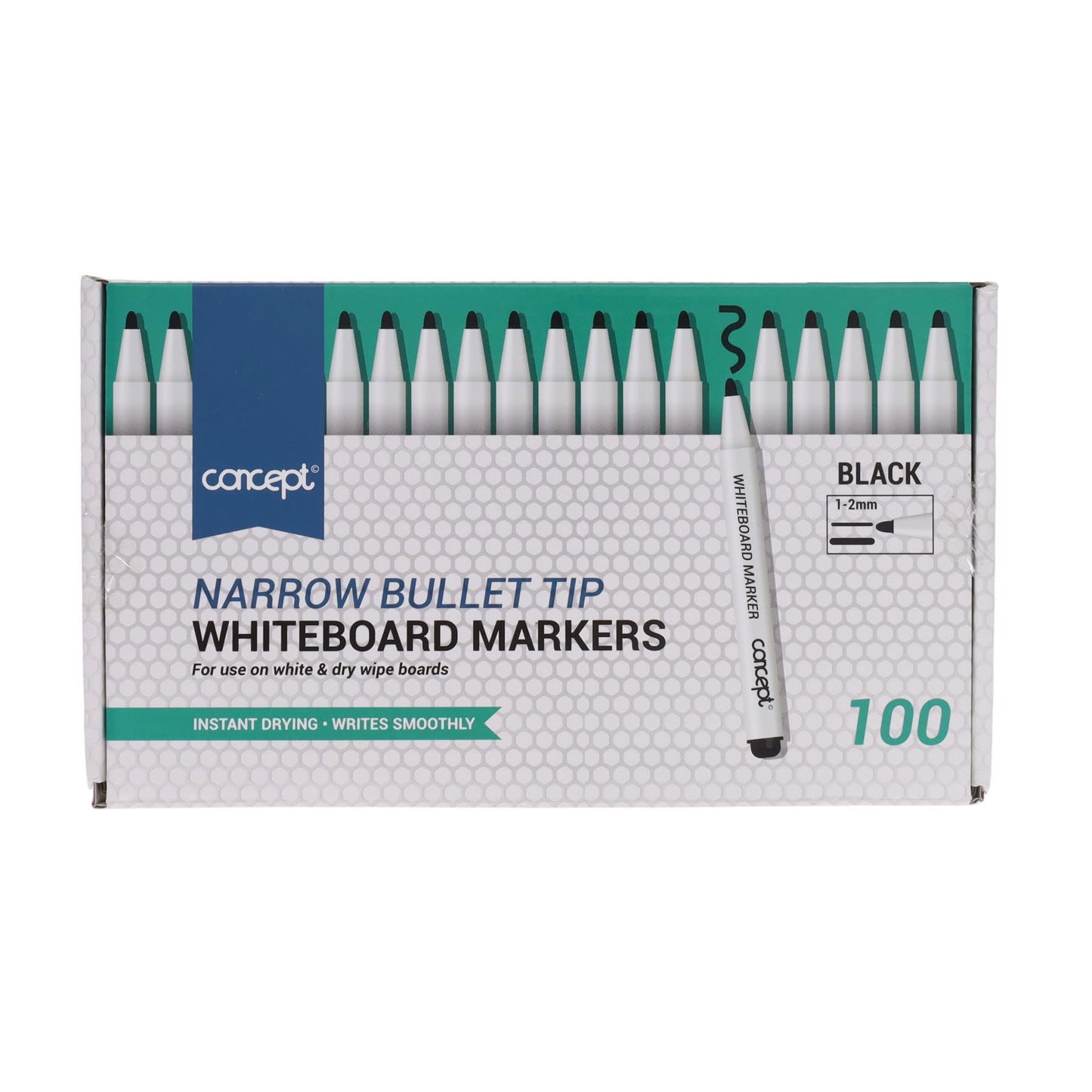 Box of 100 Narrow Bullet Tip Black Whiteboard Markers by Concept