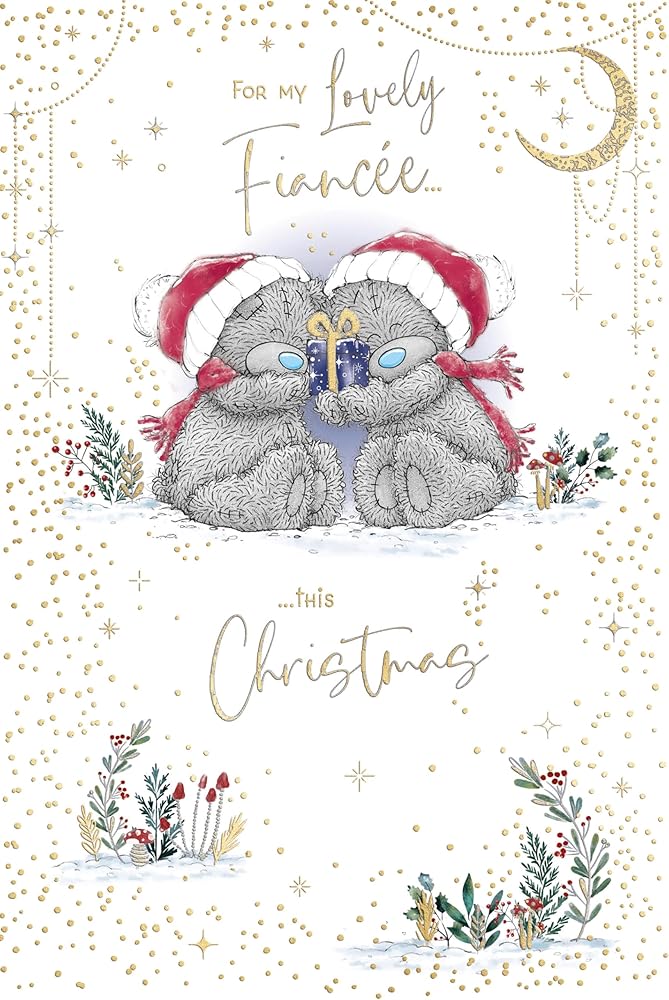 Bears Sitting with Gift For My Lovely Fiancée Christmas Card