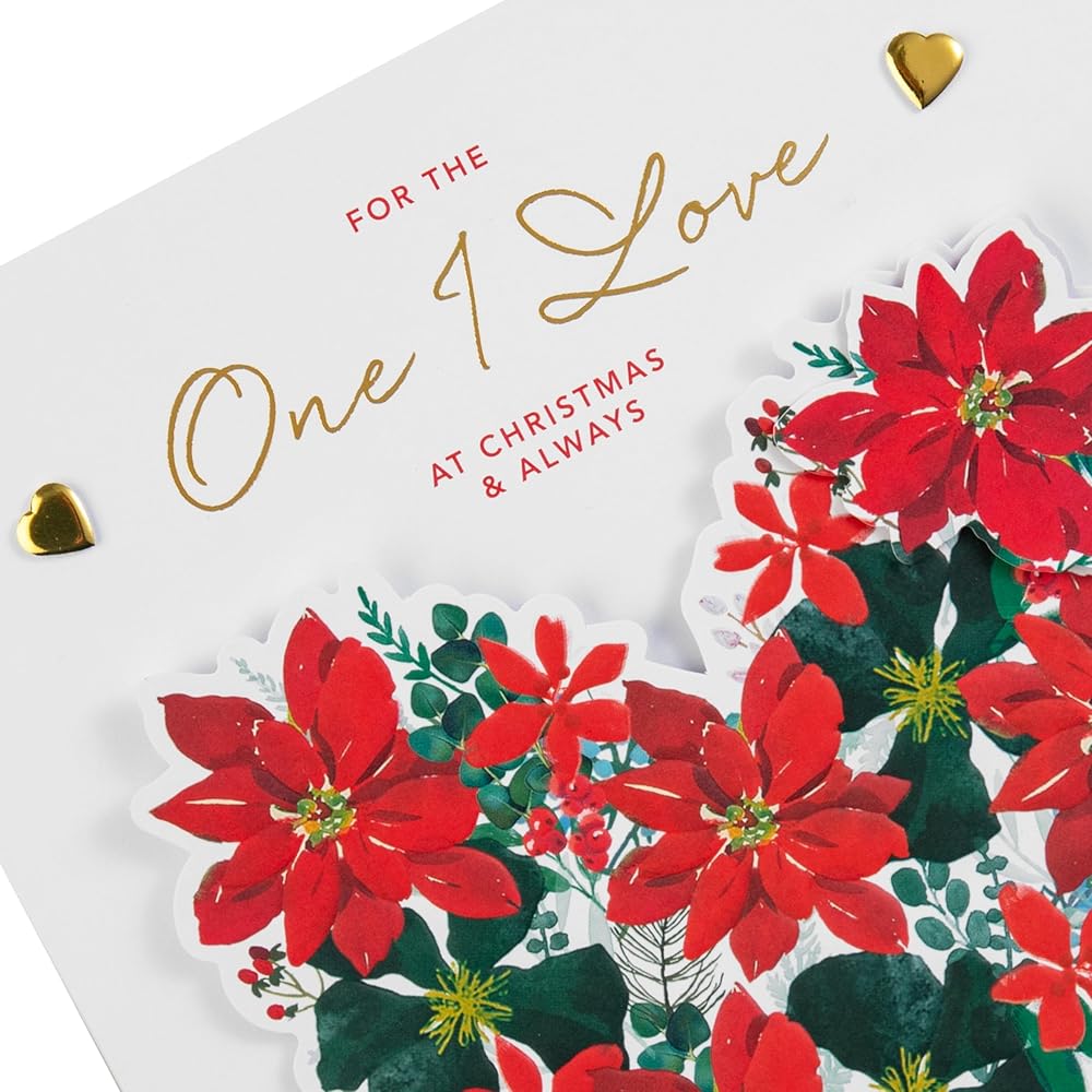 Traditional Illustrated Poinsettia Heart Design One I Love Luxury Boxed Christmas Card