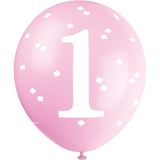 Pack of 5 Pink Gingham 1st Birthday 12" Latex Balloons