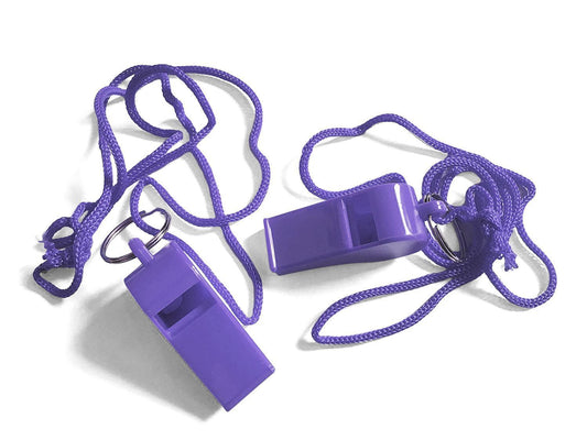 Bag of 100 Purple Plastic Whistles with Lanyard Neck Cord