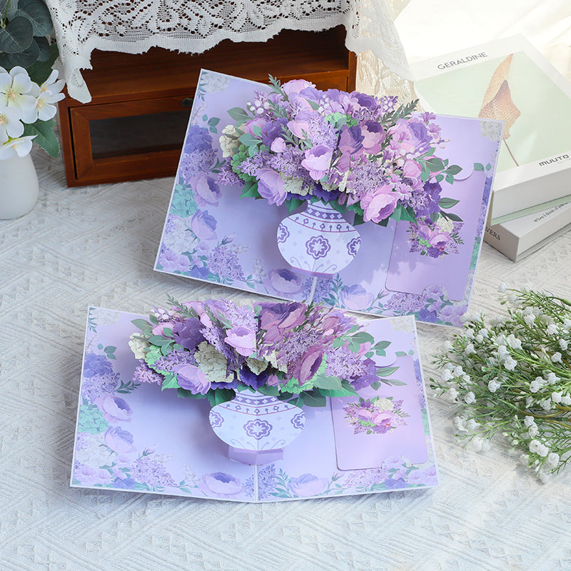 Purple Hydrangea Rose Bouquet 3D Pop Up Greeting Card - Mother's Day Birthday Anniversary	