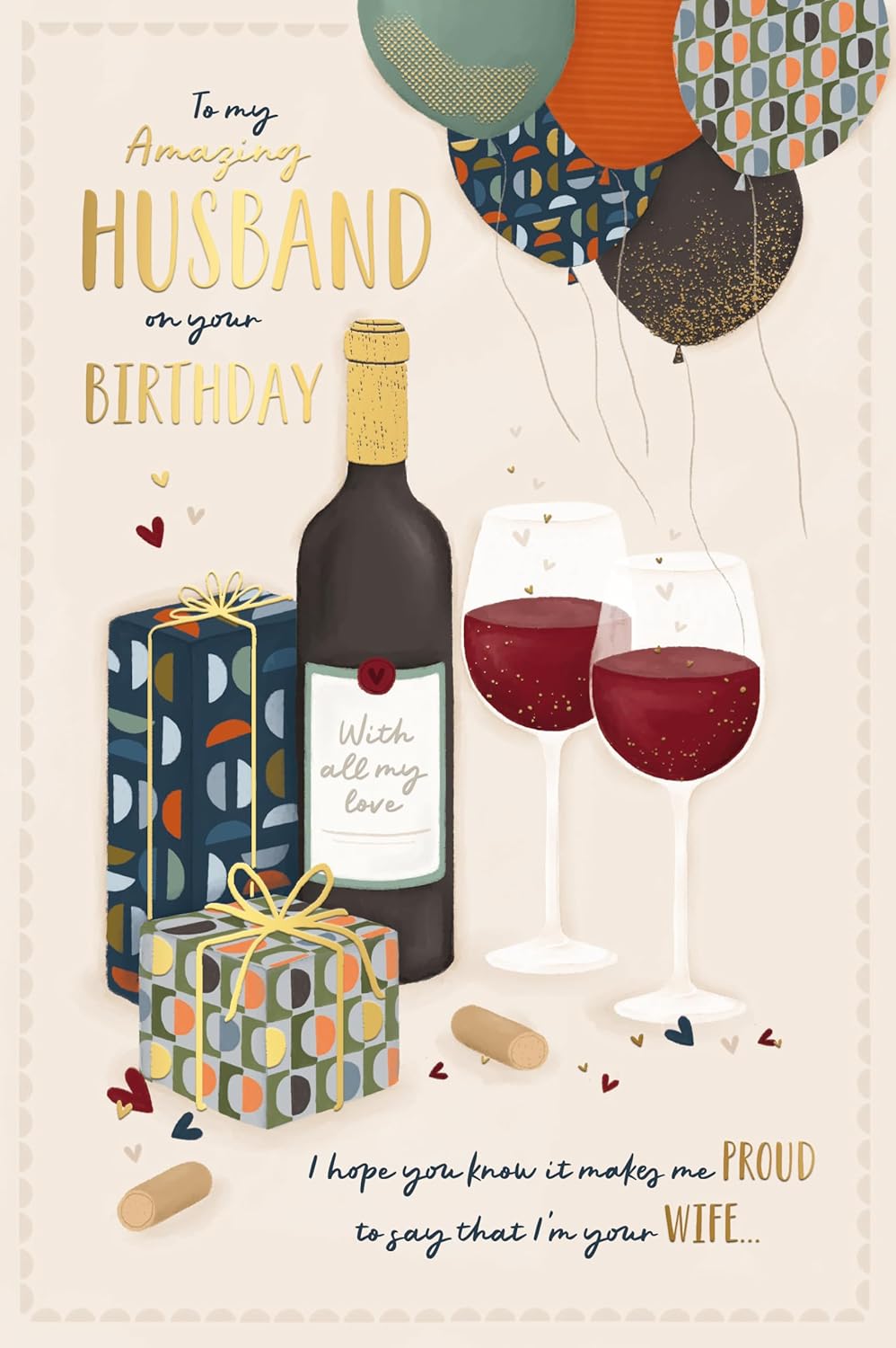 Red Wine Gifts And Balloons Design Husband Birthday Card