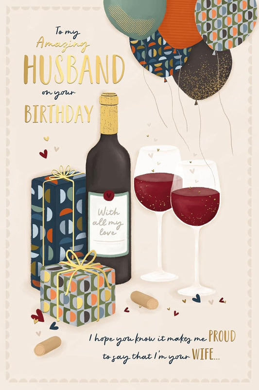 Red Wine Gifts And Balloons Design Husband Birthday Card