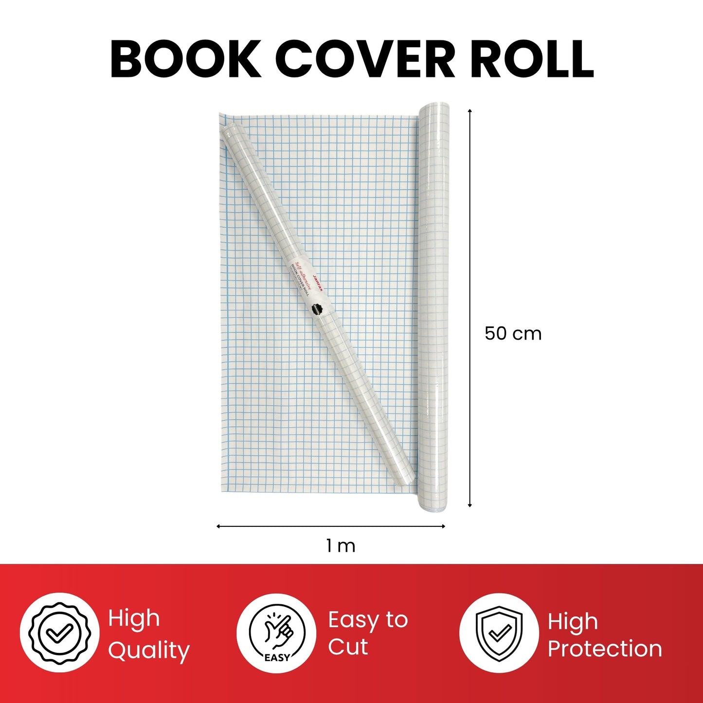 Janrax 50cm x 1m Clear Glossy CPP 0.06mm Thick Self-Adhesive Book Cover Roll