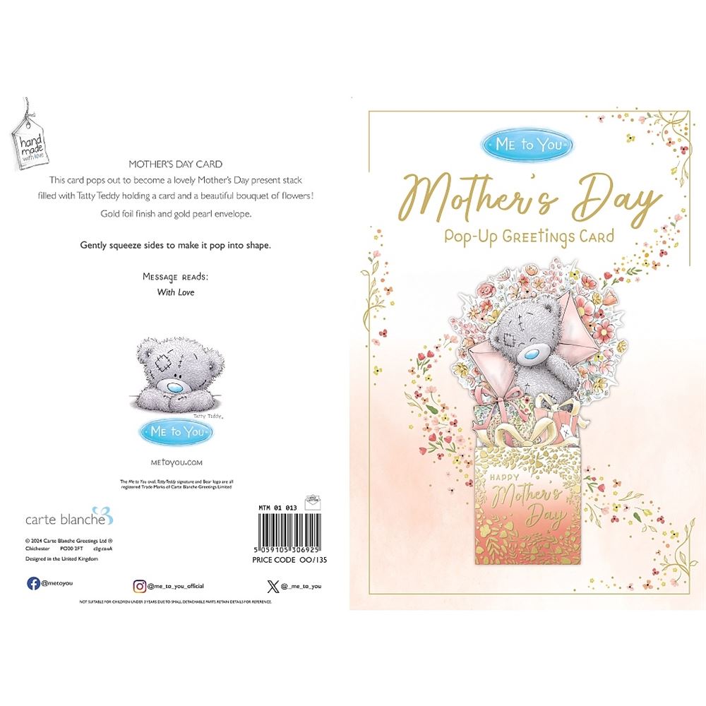 Bear Popping Out Of Present With Flowers Pop Up Mother's Day Card