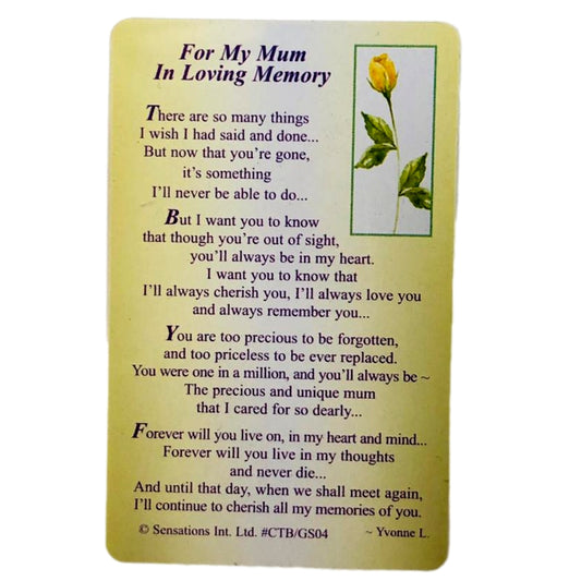 For My Mum In Loving Memory...Wallet Card (Sentimental Keepsake Wallet / Purse Card)