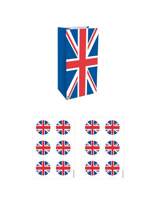 Pack of 12 Union Jack Paper Party Bags with Stickers