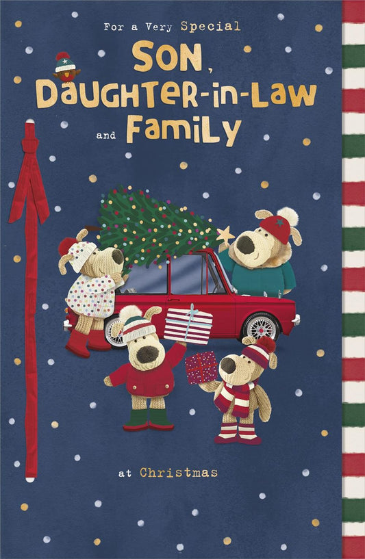 Boofles Next To Red Car Son, Daughter In Law & Family Christmas Card