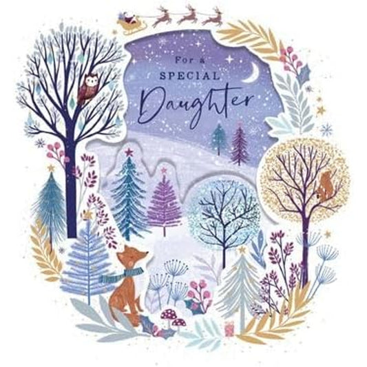 Daughter Christmas Card Snowy Winter Woodland with Foil and Cut Out Details 