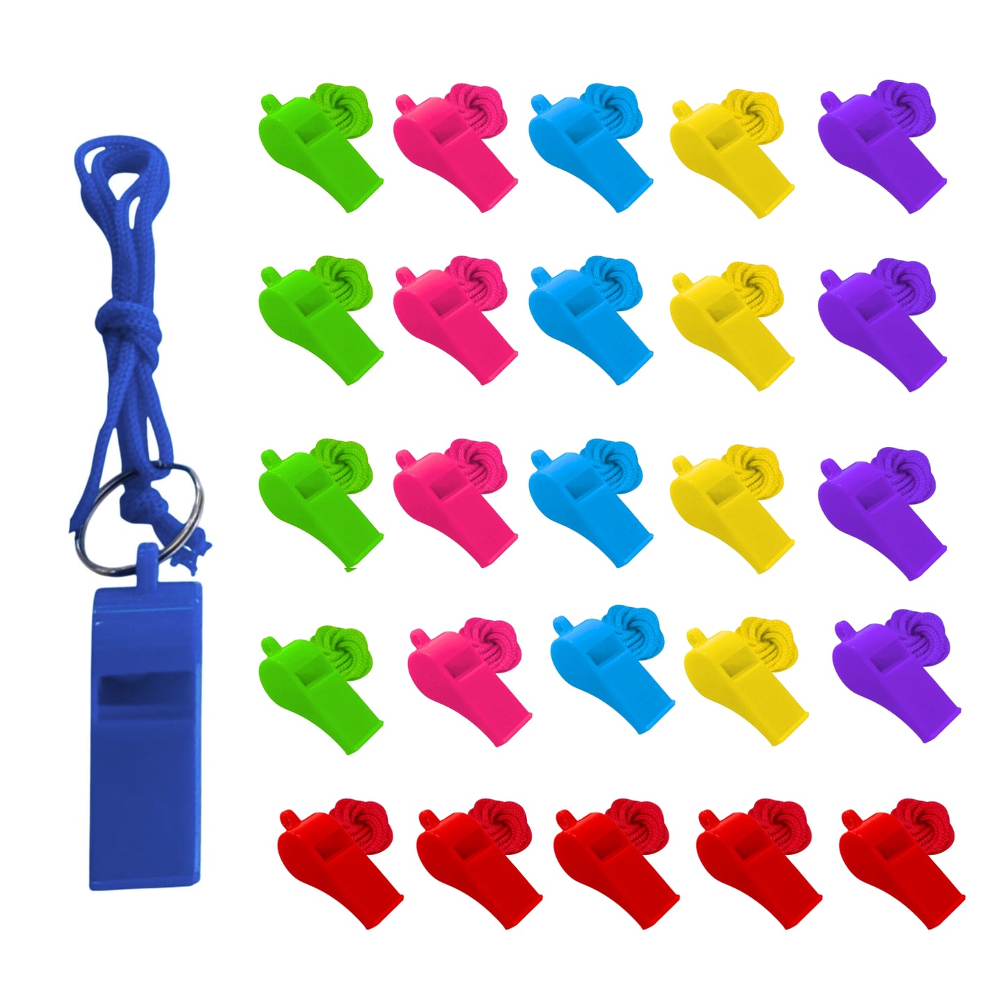 Pack of 100 Assorted Colour Whistles with Lanyards