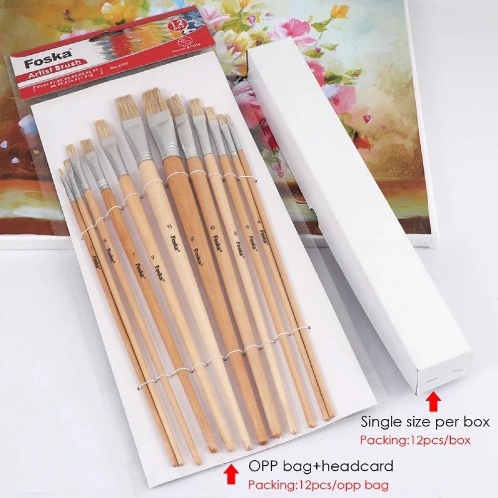 Pack of 12 Assorted Size Wooden Handle Bristle Hair Artist Paint Brush Set