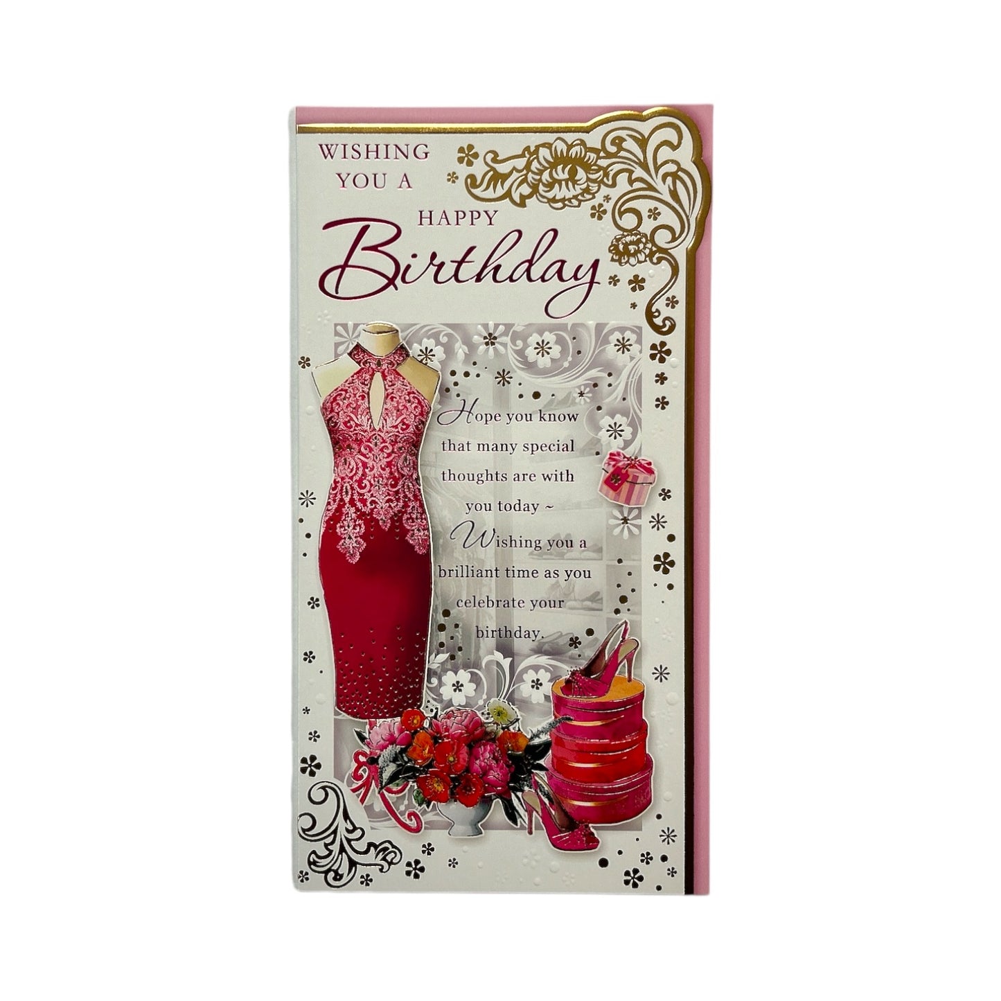 Open Female Pink Dress and Shoes Design Opacity Birthday Card