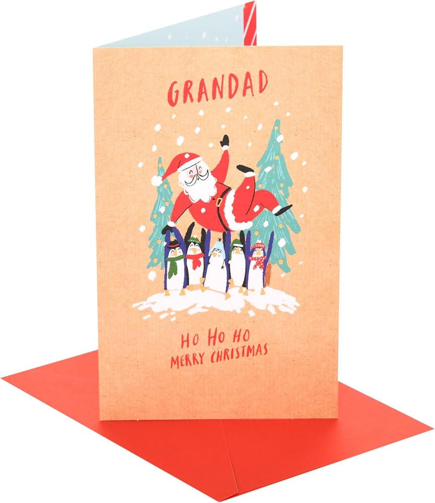 Group of Penguins Holding Santa Up Grandad Christmas Card