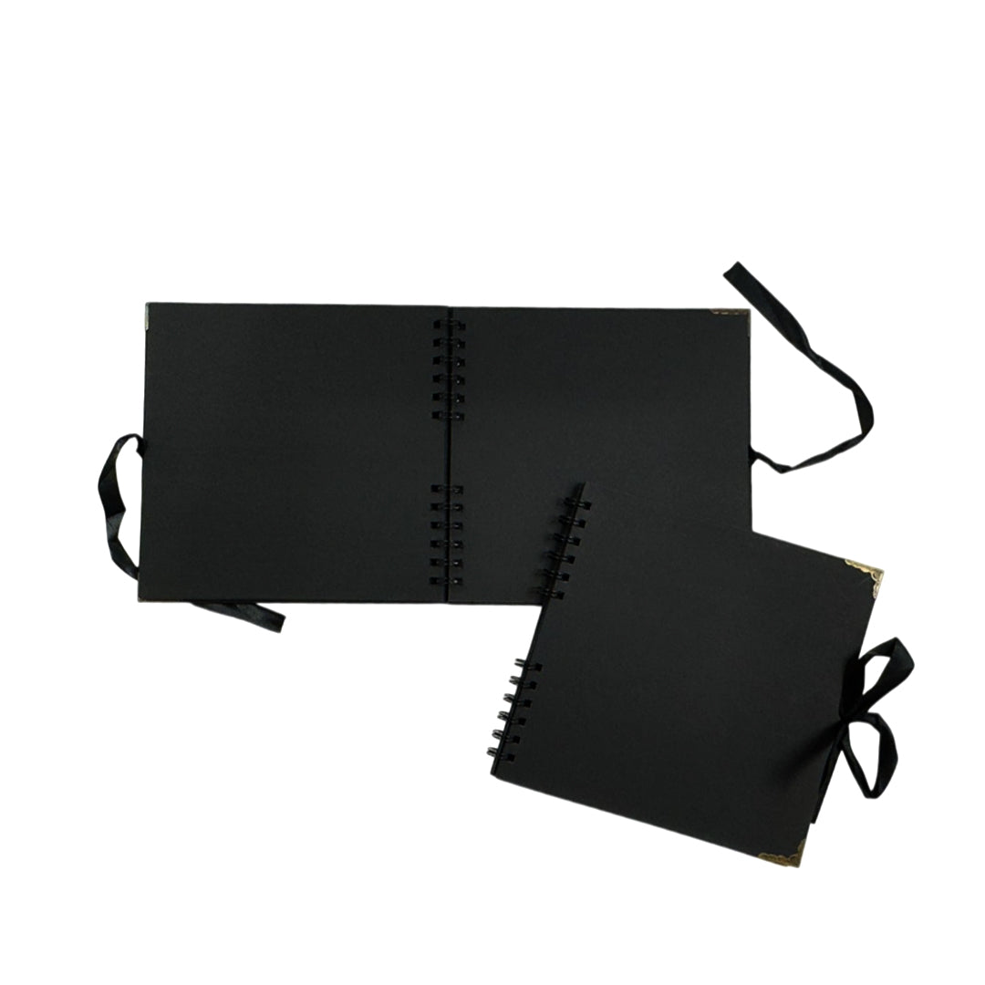 Pack of 2 Spiral Bound 180gsm Black Scrapbooks with Ribbon Closure and Metal Corners - 30 Sheets 20x20cm