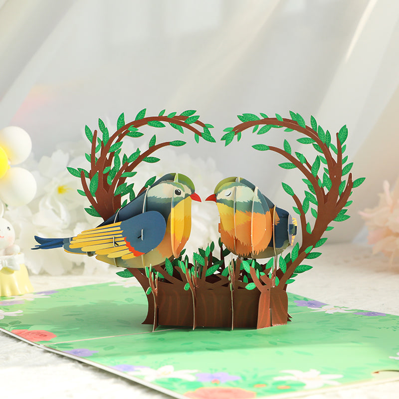 Two Love Birds in Heart Nest 3D Pop Up Greeting Card - Valentine's Day Anniversary Wedding Birthday